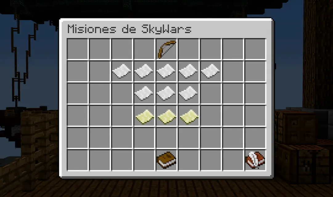 Menú de misiones de SkyWars dónde se ven diferentes papeles y mapas haciendo referencia a misiones normales y retos respectivamente
